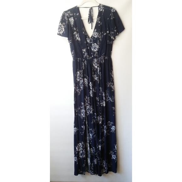 Three Pink Hearts Size M Floral Maxi Dress Blue Cottage Country Prairie Festival - Picture 2 of 12